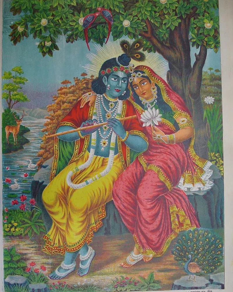 Radha and Krishna in Vrindavan — Ravi Varma Press print